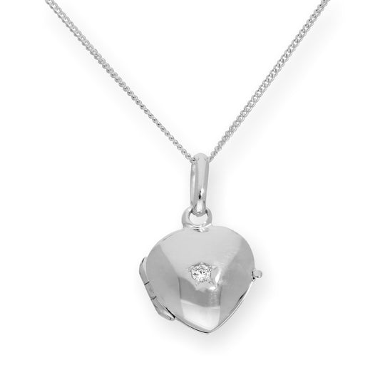 Tiny Sterling Silver & CZ Crystal Engravable Heart Locket on Chain 16-22 Inches