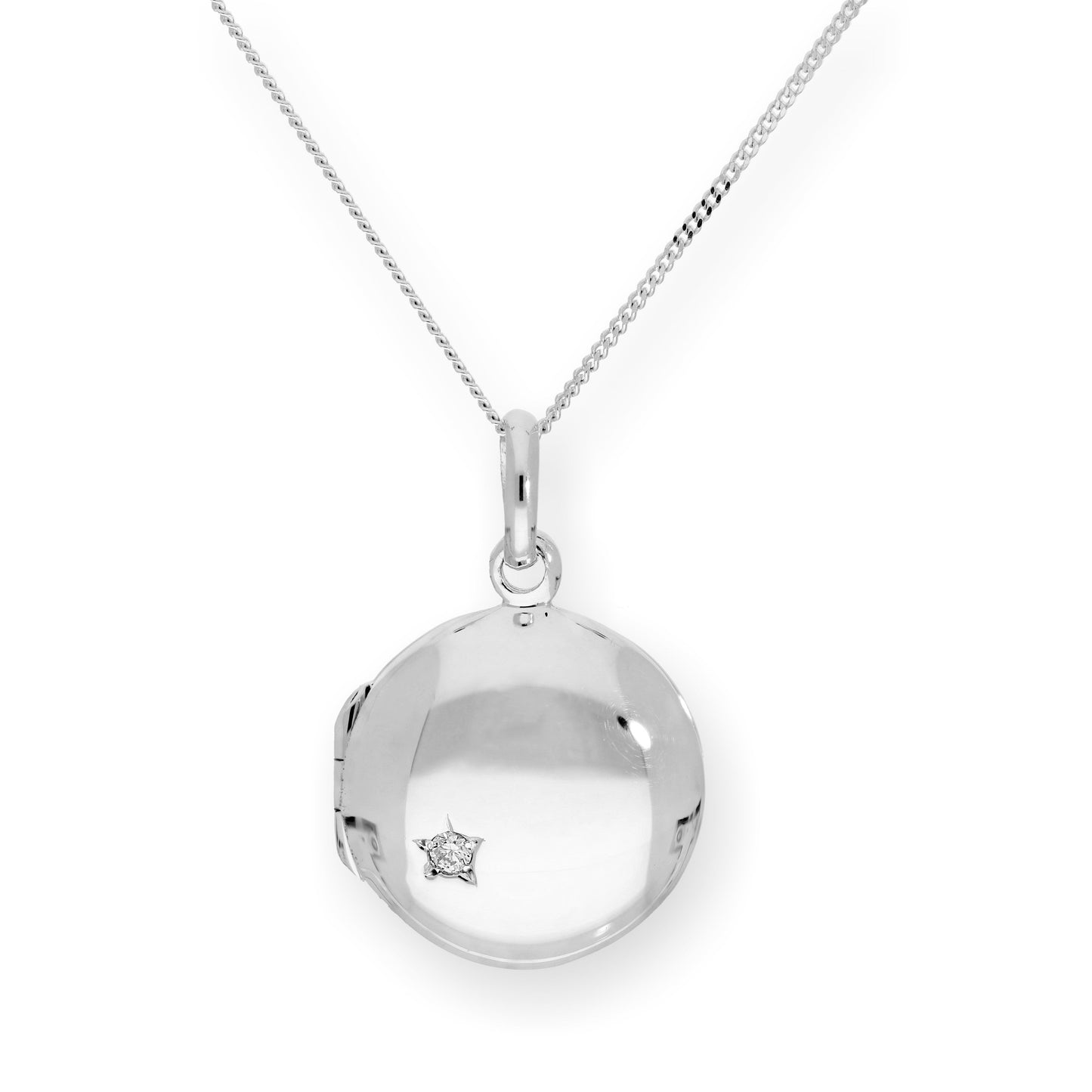 Sterling Silver & CZ Crystal Engravable Round Locket on Chain 16 - 22 Inches