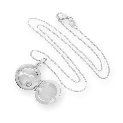 Sterling Silver & CZ Crystal Engravable Round Locket on Chain 16 - 22 Inches