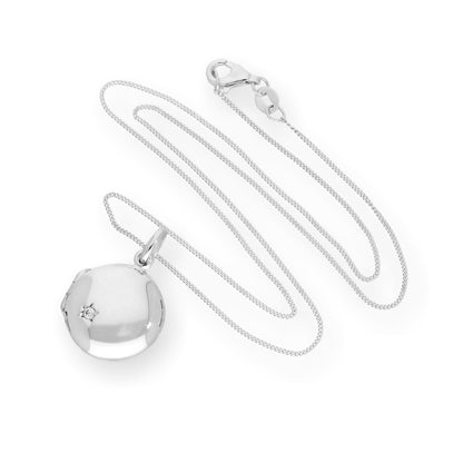 Sterling Silver & CZ Crystal Engravable Round Locket on Chain 16 - 22 Inches