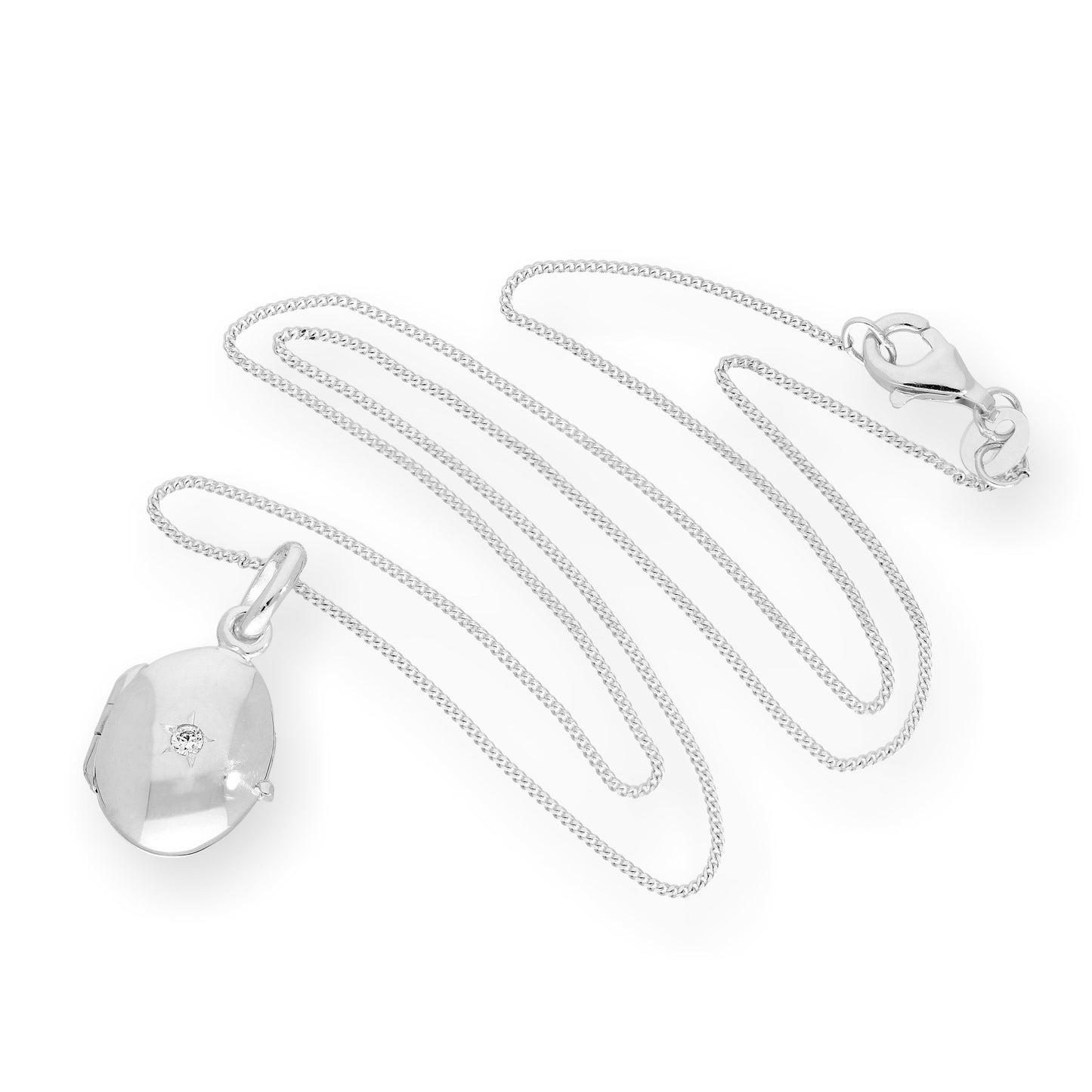 Sterling Silver & CZ Crystal Engravable Oval Locket on Chain 16 - 22 Inches