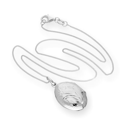 Sterling Silver Oval Engraved Locket on Chain 16 - 22 Inches