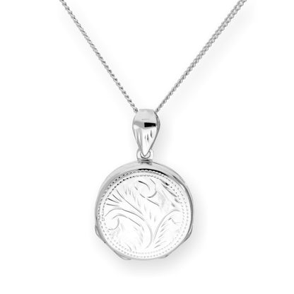 Sterling Silver 4 Photo Engraved Round Family Locket on Chain 16 - 22 Inches