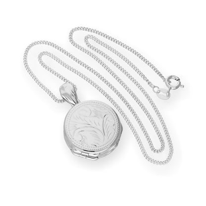 Sterling Silver 4 Photo Engraved Round Family Locket on Chain 16 - 22 Inches
