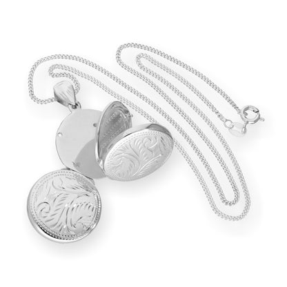 Sterling Silver 4 Photo Engraved Round Family Locket on Chain 16 - 22 Inches