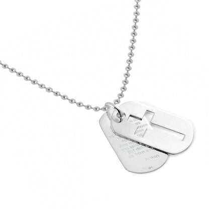 Sterling Silver Lord's Prayer & Cut Out Cross Dog Tags Pendant Necklace
