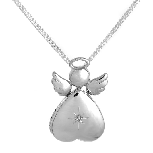 Sterling Silver & Diamond Angel Heart Locket on Chain