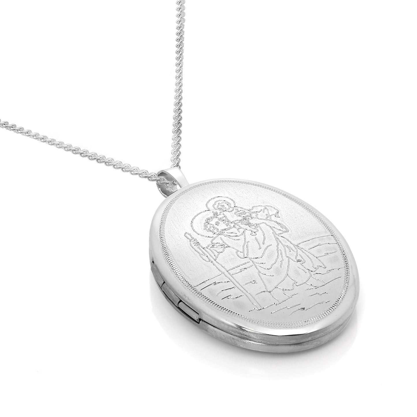 Sterling Silver Engraved St Christopher Oval Locket on Chain