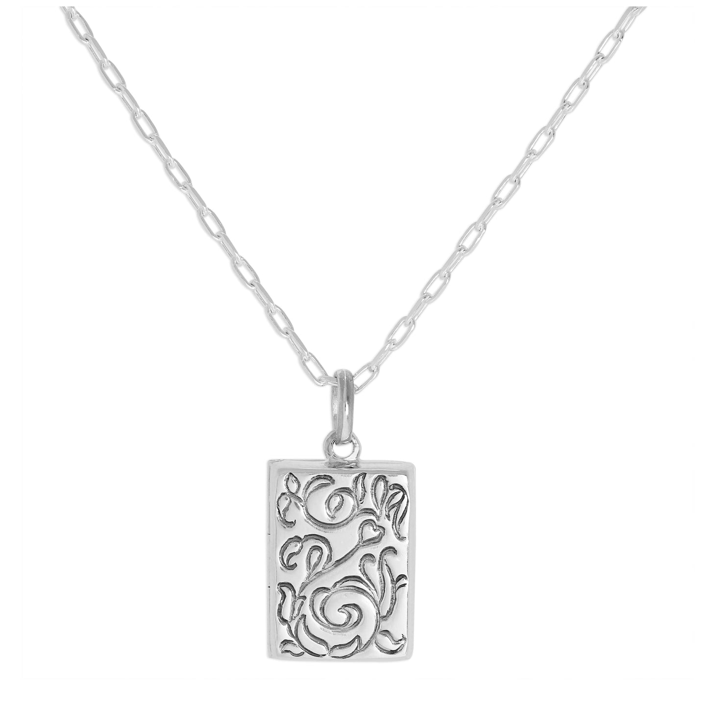 Sterling Silver Rectangular Locket with Floral Design on Chain 16 - 24 Inches