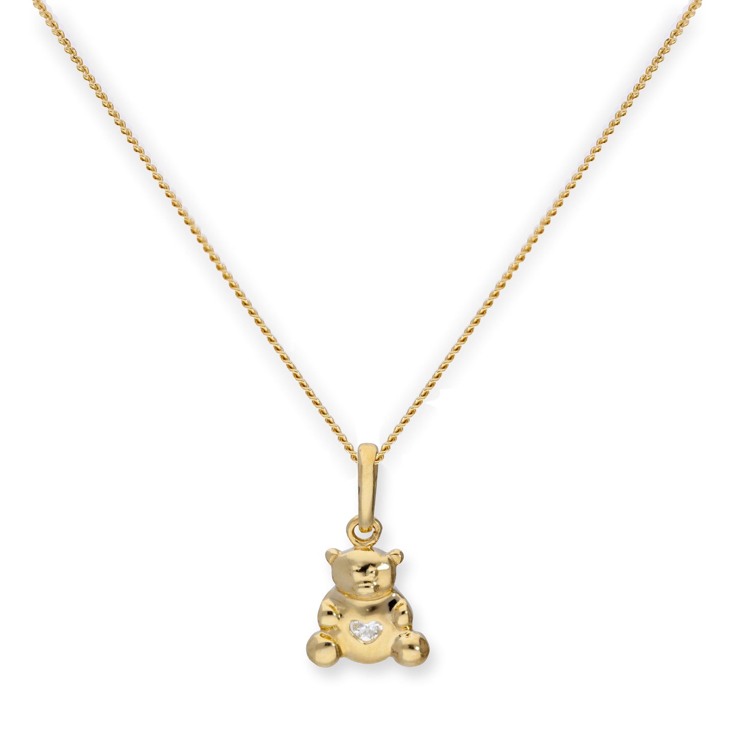 9ct Gold Teddy Bear w Clear CZ Crystal Heart Pendant Necklace 16 - 20 Inches