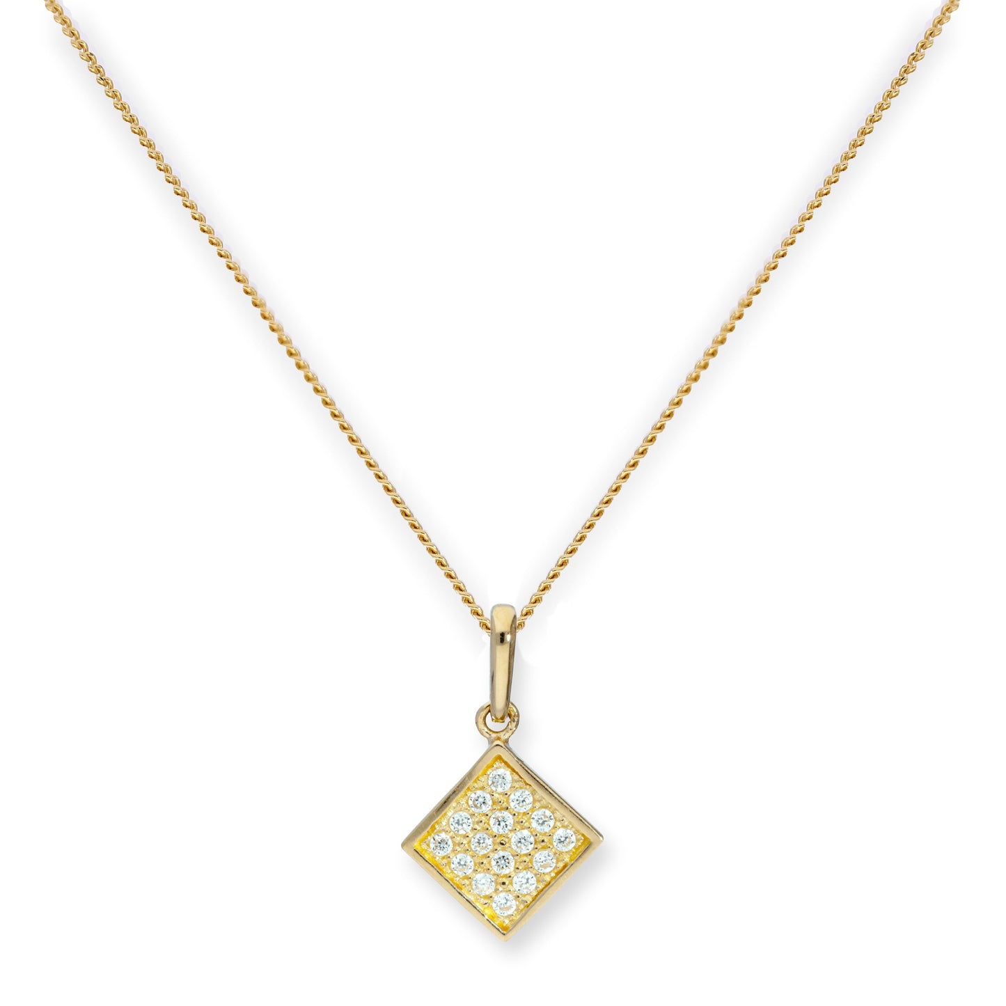 9ct Gold & Clear CZ Crystal Flat Square Pendant Necklace 16 - 20 Inches