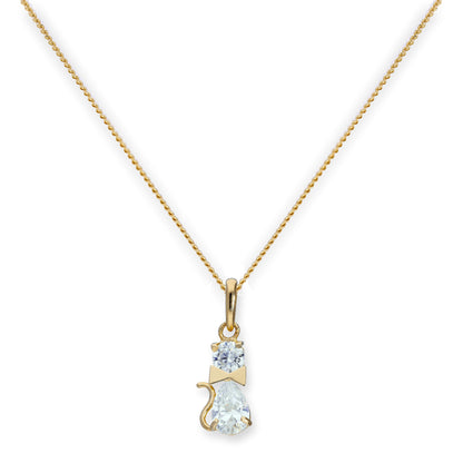 9ct Gold & Clear CZ Crystal Cat w Bow Collar Pendant Necklace 16 - 20 Inches