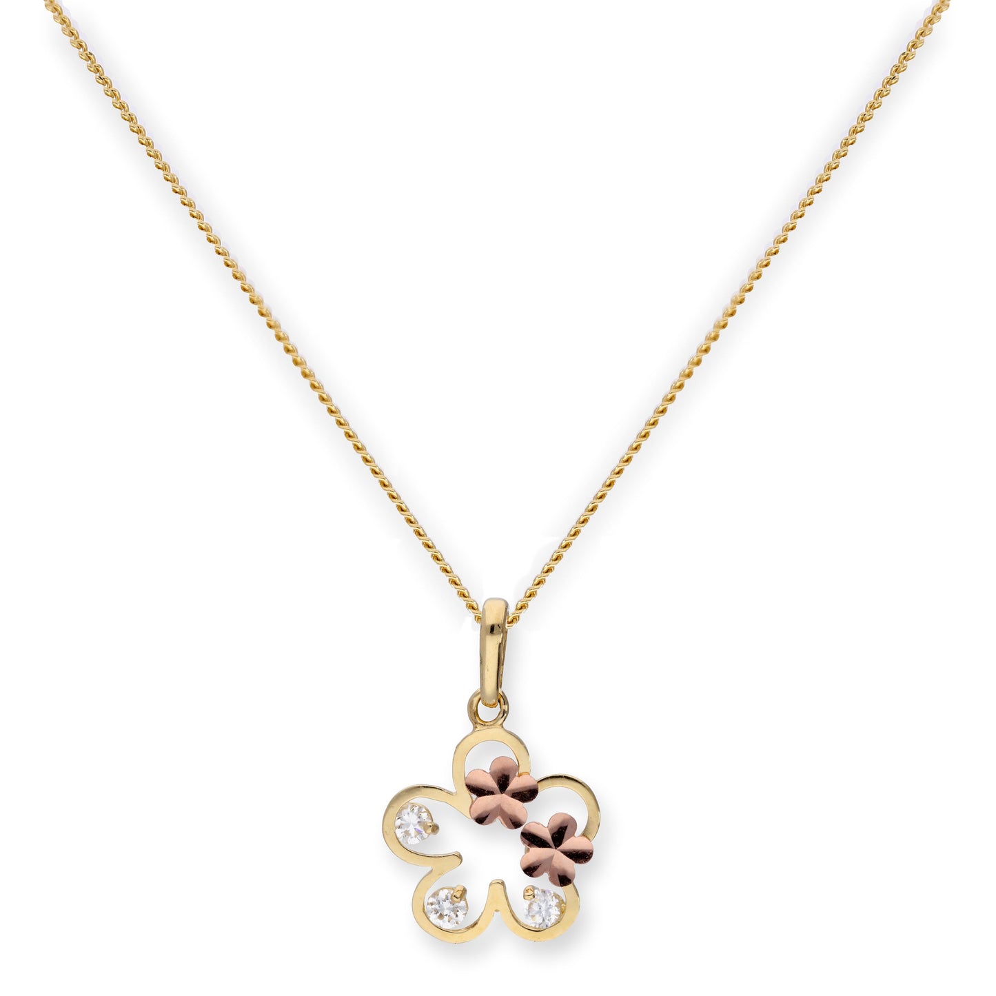 9ct Gold & Clear CZ Crystal Flower Outline w Rose Gold Flowers Pendant
