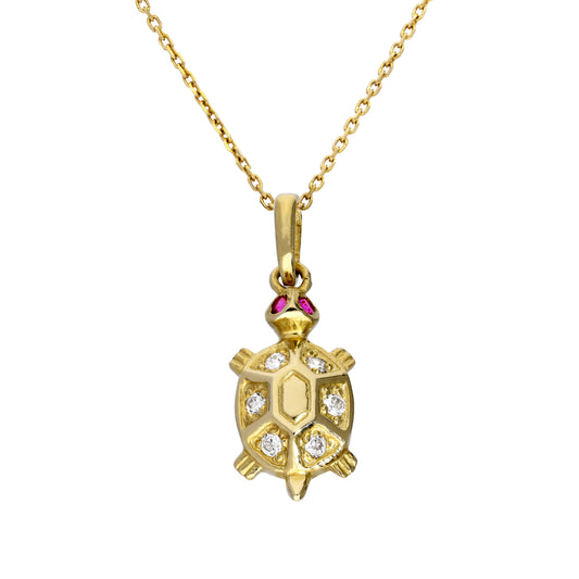 9ct Gold & CZ Crystal Turtle Pendant Necklace