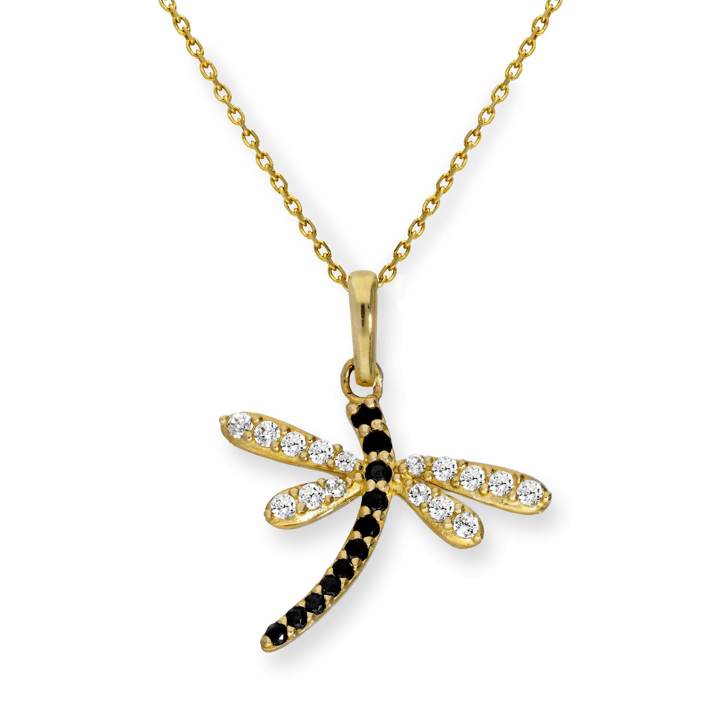9ct Gold & CZ Crystal Dragonfly Pendant Necklace