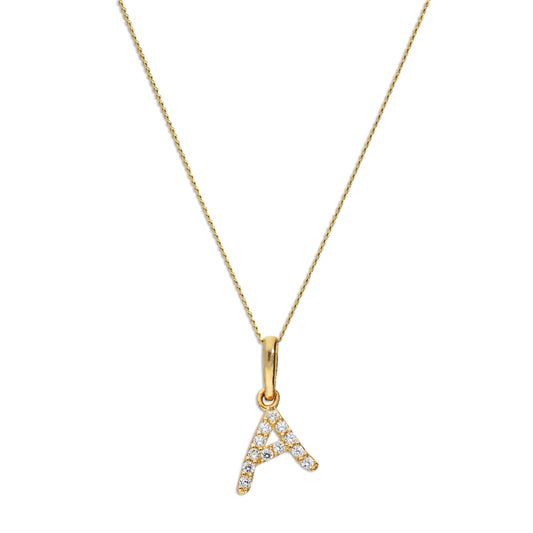9ct Gold & Clear CZ Crystal Script Alphabet Letter A Necklace 16 - 20 Inches