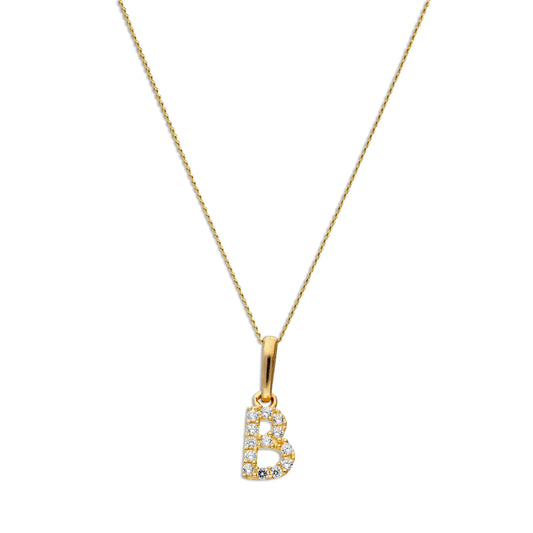 9ct Gold & Clear CZ Crystal Script Alphabet Letter B Necklace 16 - 20 Inches