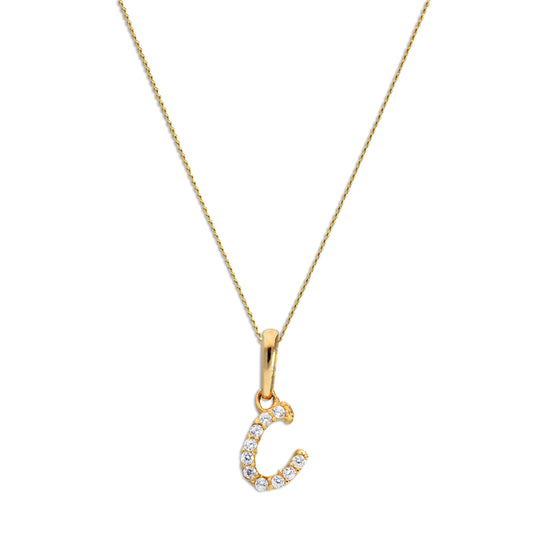 9ct Gold & Clear CZ Crystal Script Alphabet Letter C Necklace 16 - 20 Inches