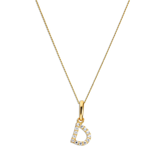 9ct Gold & Clear CZ Crystal Script Alphabet Letter D Necklace 16 - 20 Inches