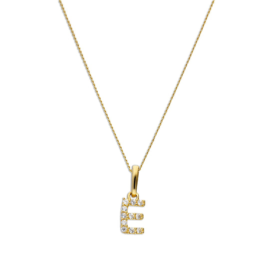 9ct Gold & Clear CZ Crystal Script Alphabet Letter E Necklace 16 - 20 Inches