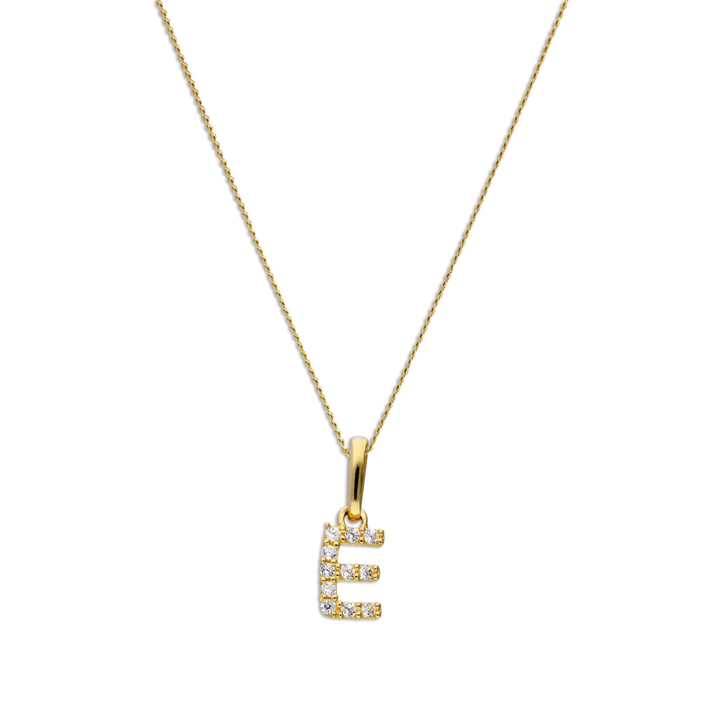 9ct Gold & Clear CZ Crystal Script Alphabet Letter E Necklace 16 - 20 Inches