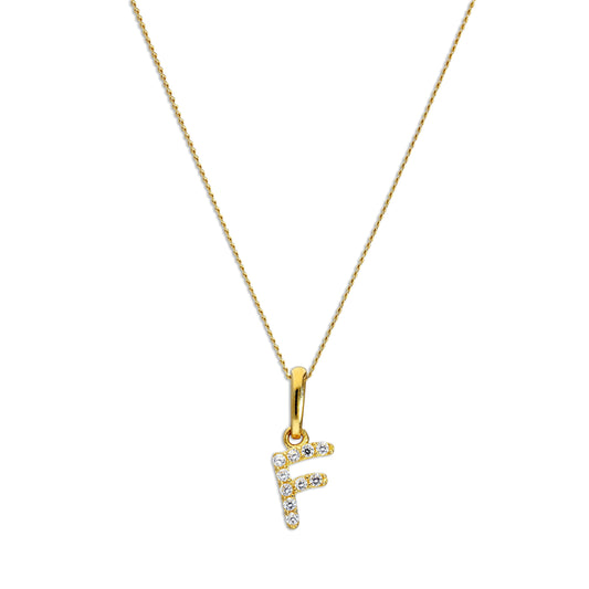 9ct Gold & Clear CZ Crystal Script Alphabet Letter F Necklace 16 - 20 Inches