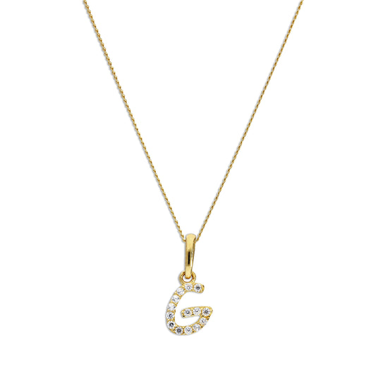 9ct Gold & Clear CZ Crystal Script Alphabet Letter G Necklace 16 - 20 Inches