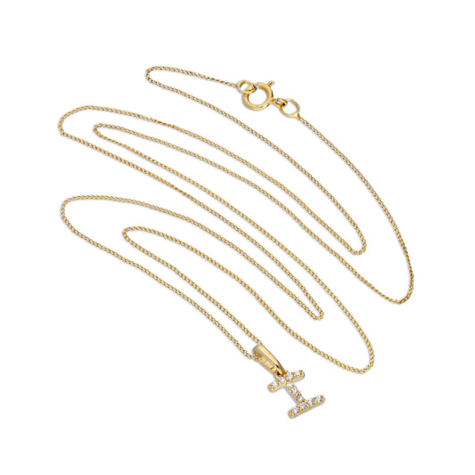9ct Gold & Clear CZ Crystal Script Alphabet Letter I Necklace 16 - 20 Inches