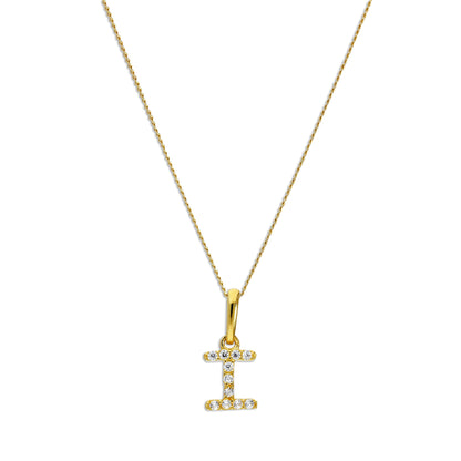 9ct Gold & Clear CZ Crystal Script Alphabet Letter I Necklace 16 - 20 Inches