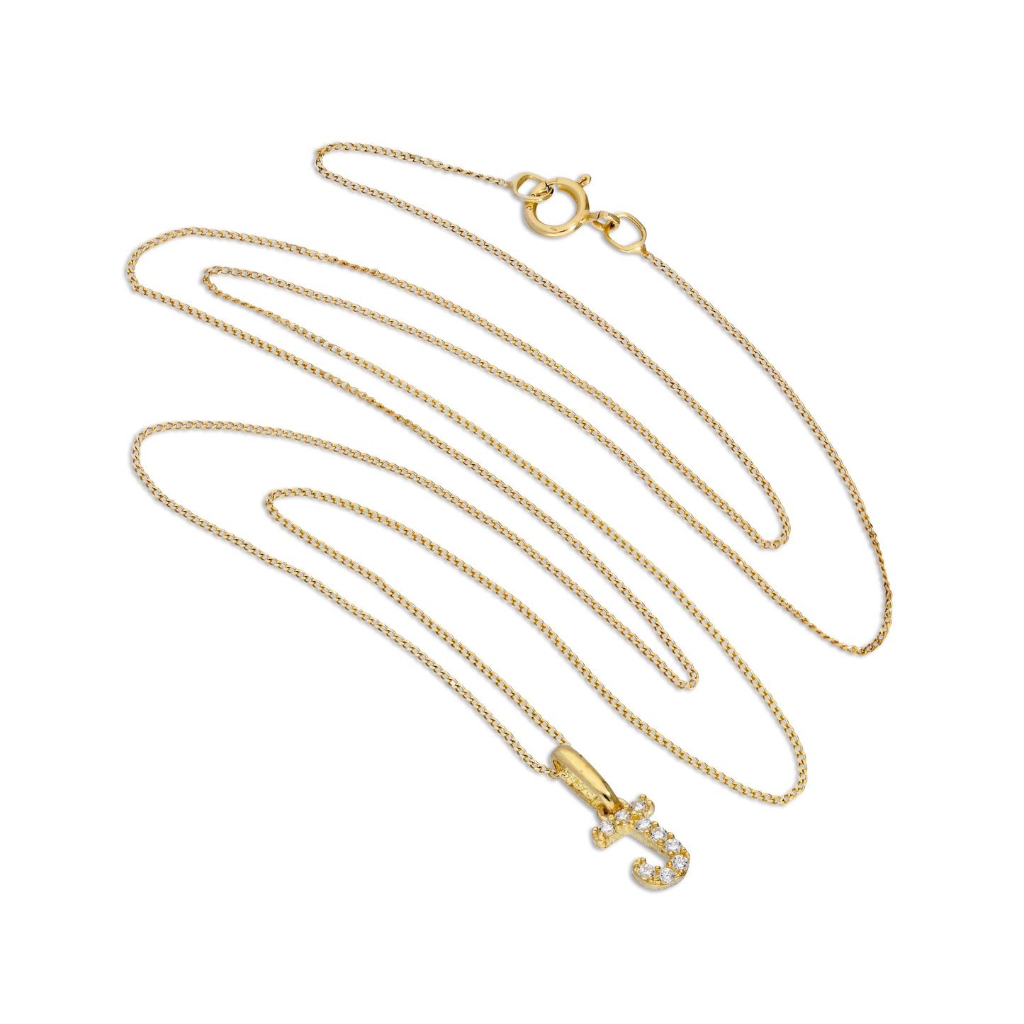 9ct Gold & Clear CZ Crystal Script Alphabet Letter J Necklace 16 - 20 Inches