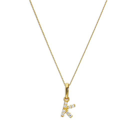 9ct Gold & Clear CZ Crystal Script Alphabet Letter K Necklace 16 - 20 Inches