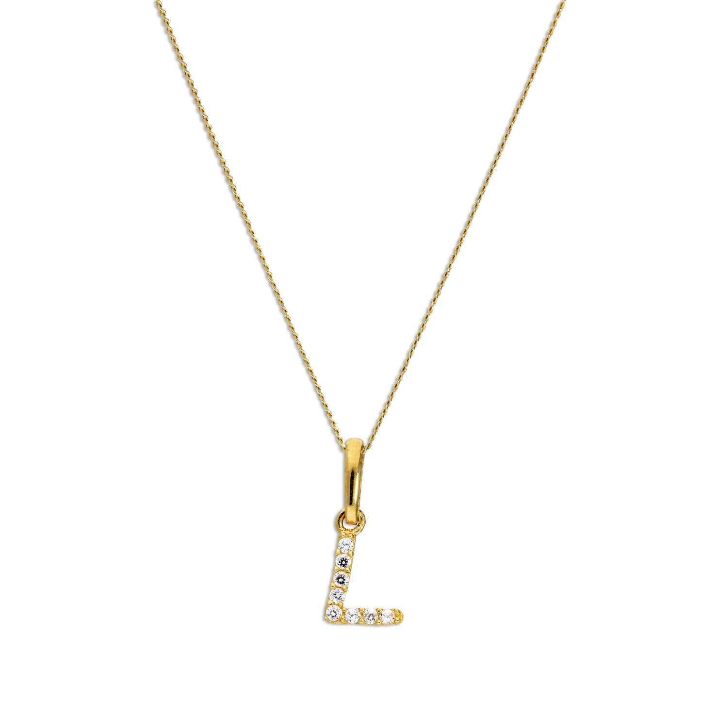 9ct Gold & Clear CZ Crystal Script Alphabet Letter L Necklace 16 - 20 Inches