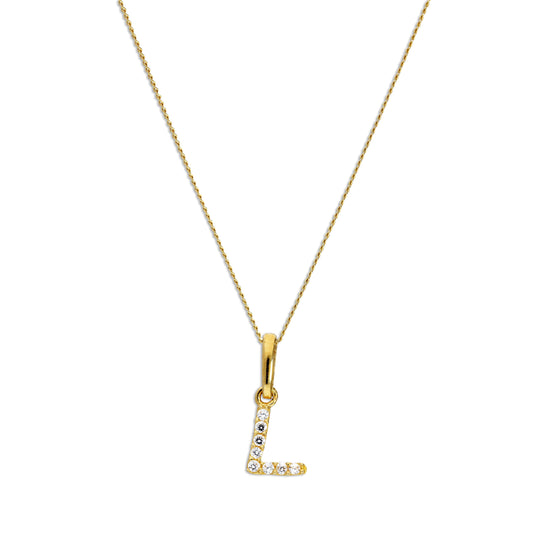 9ct Gold & Clear CZ Crystal Script Alphabet Letter L Necklace 16 - 20 Inches