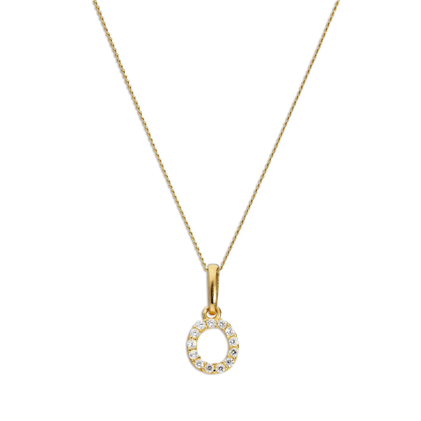 9ct Gold & Clear CZ Crystal Script Alphabet Letter O Necklace 16 - 20 Inches