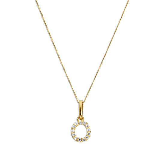 9ct Gold & Clear CZ Crystal Script Alphabet Letter O Necklace 16 - 20 Inches