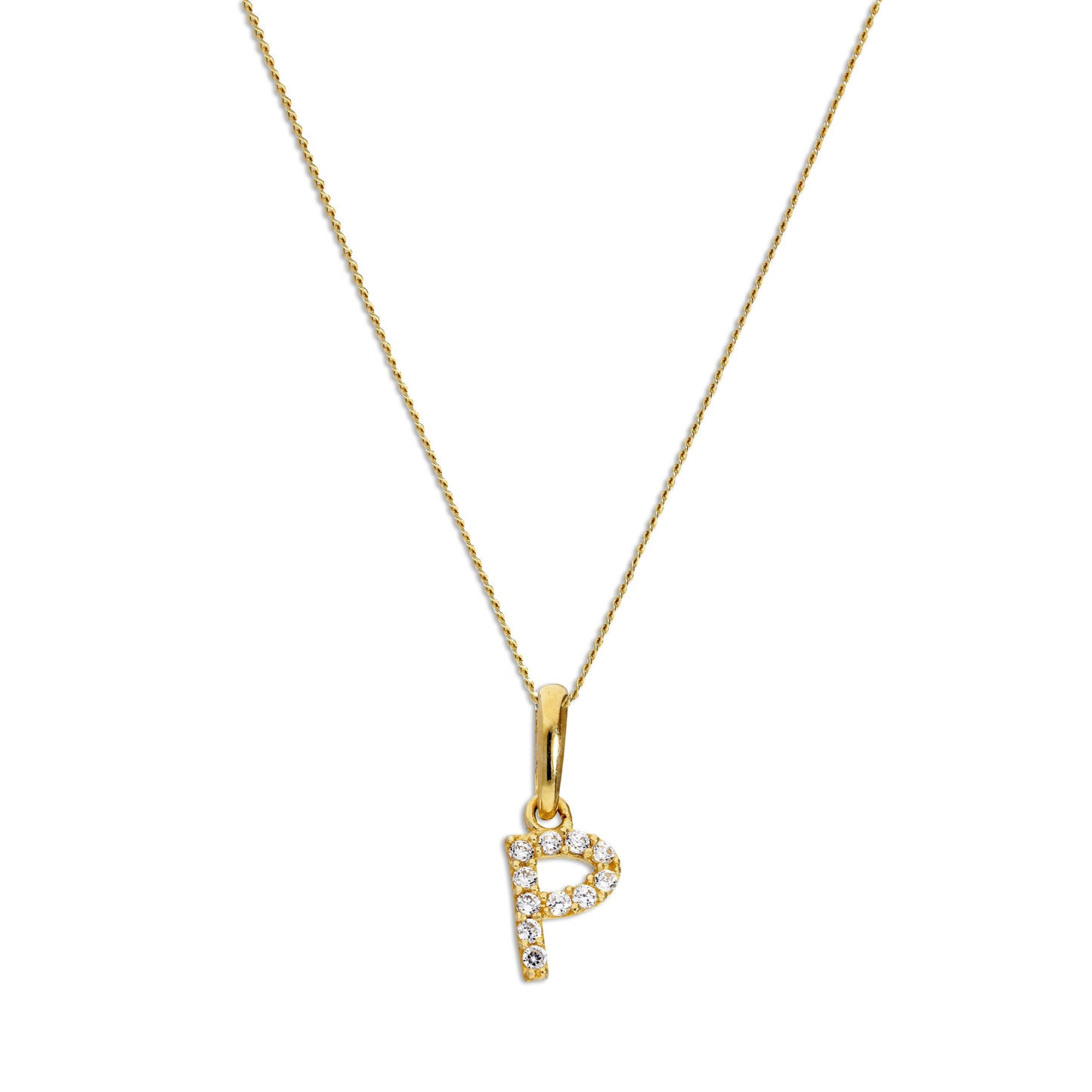 9ct Gold & Clear CZ Crystal Script Alphabet Letter P Necklace 16 - 20 Inches