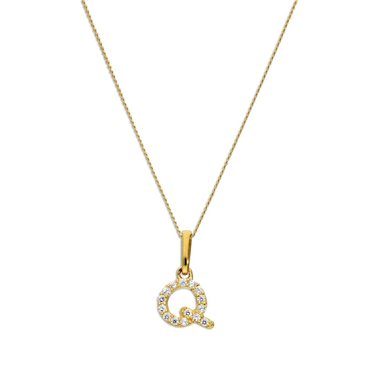 9ct Gold & Clear CZ Crystal Script Alphabet Letter Q Necklace 16 - 20 Inches
