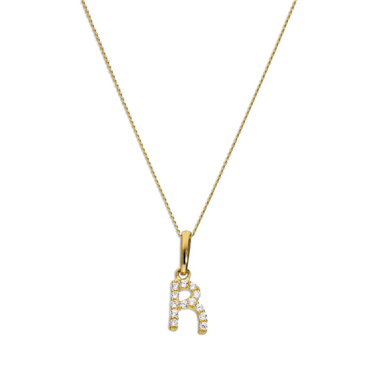 9ct Gold & Clear CZ Crystal Script Alphabet Letter R Necklace 16 - 20 Inches