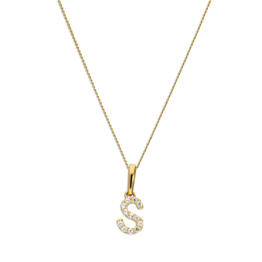9ct Gold & Clear CZ Crystal Script Alphabet Letter S Necklace 16 - 20 Inches