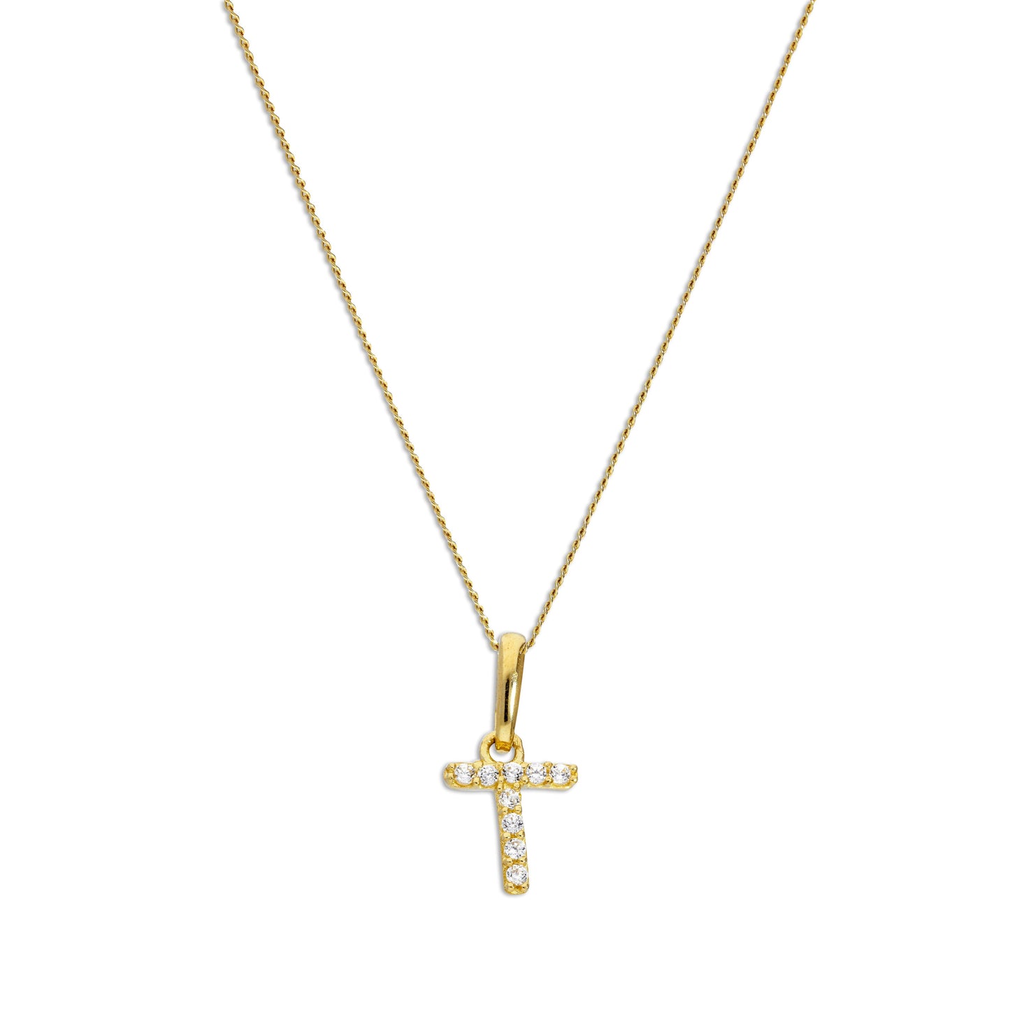 9ct Gold & Clear CZ Crystal Script Alphabet Letter T Necklace 16 - 20 Inches