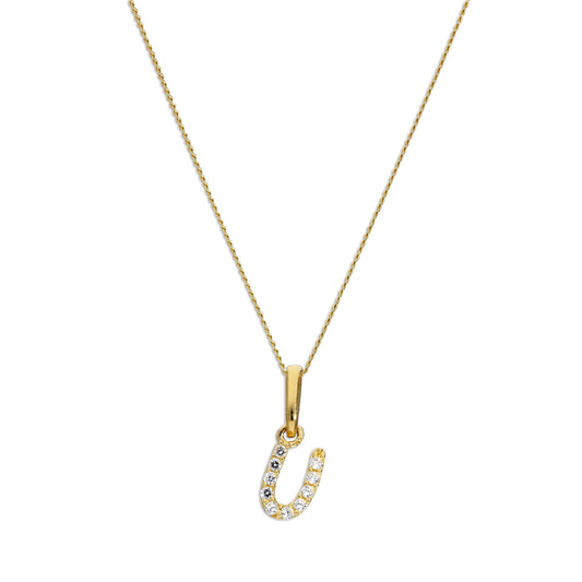 9ct Gold & Clear CZ Crystal Script Alphabet Letter U Necklace 16 - 20 Inches