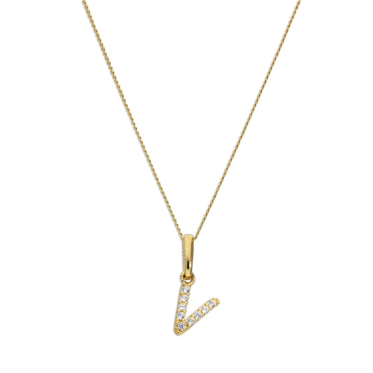 9ct Gold & Clear CZ Crystal Script Alphabet Letter V Necklace 16 - 20 Inches