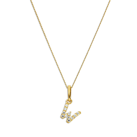 9ct Gold & Clear CZ Crystal Script Alphabet Letter W Necklace 16 - 20 Inches