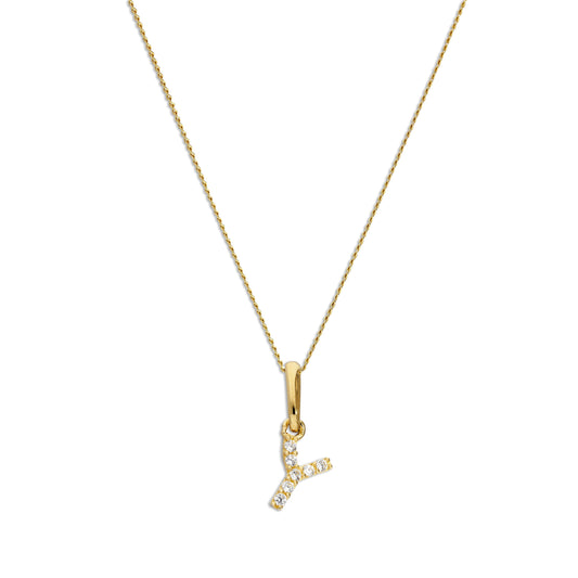 9ct Gold & Clear CZ Crystal Script Alphabet Letter Y Necklace 16 - 20 Inches