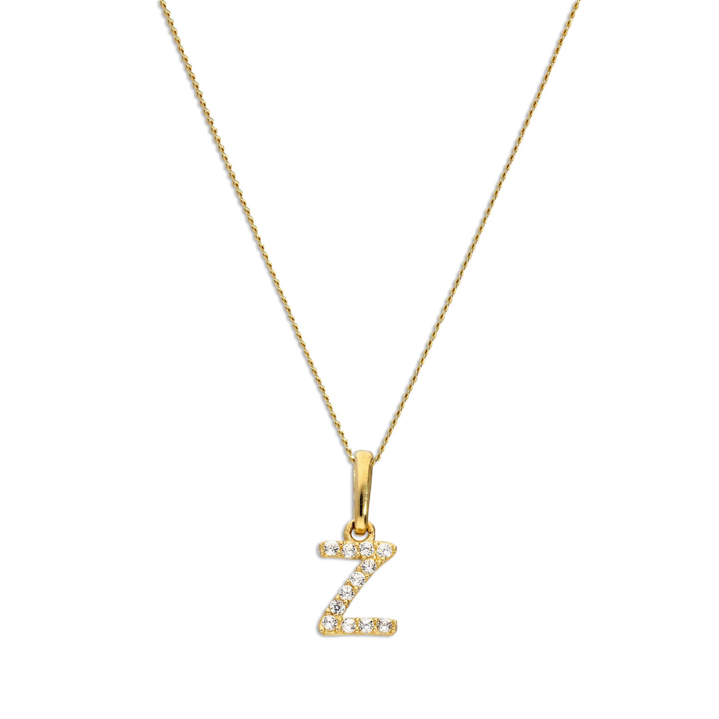 9ct Gold & Clear CZ Crystal Script Alphabet Letter Z Necklace 16 - 20 Inches