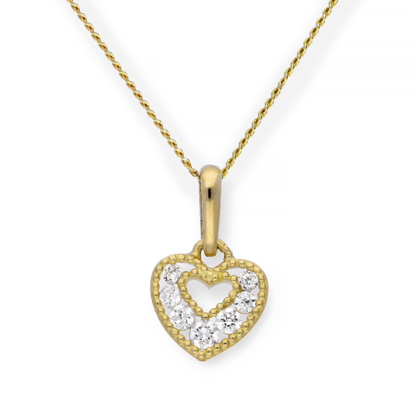 9ct Gold & Clear CZ Crystal Double Cut Out Heart Pendant Necklace