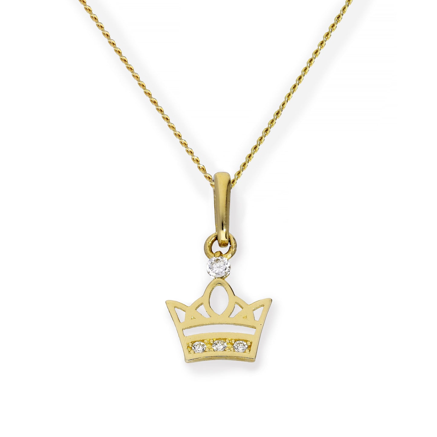 9ct Gold & Clear CZ Crystal Royal Crown Pendant Necklace
