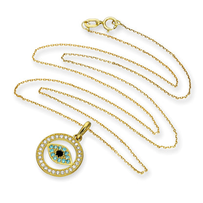 9ct Gold & CZ Crystal Evil Eye Pendant Necklace