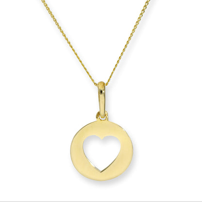 9ct Gold Round Pendant w Cut Out Heart on Chain