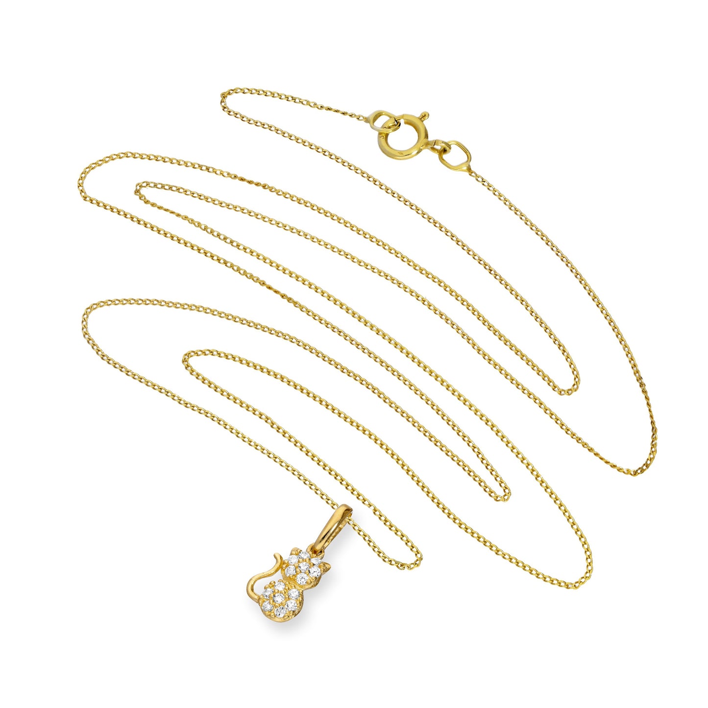 9ct Gold & Clear CZ Crystal Cat Pendant Necklace